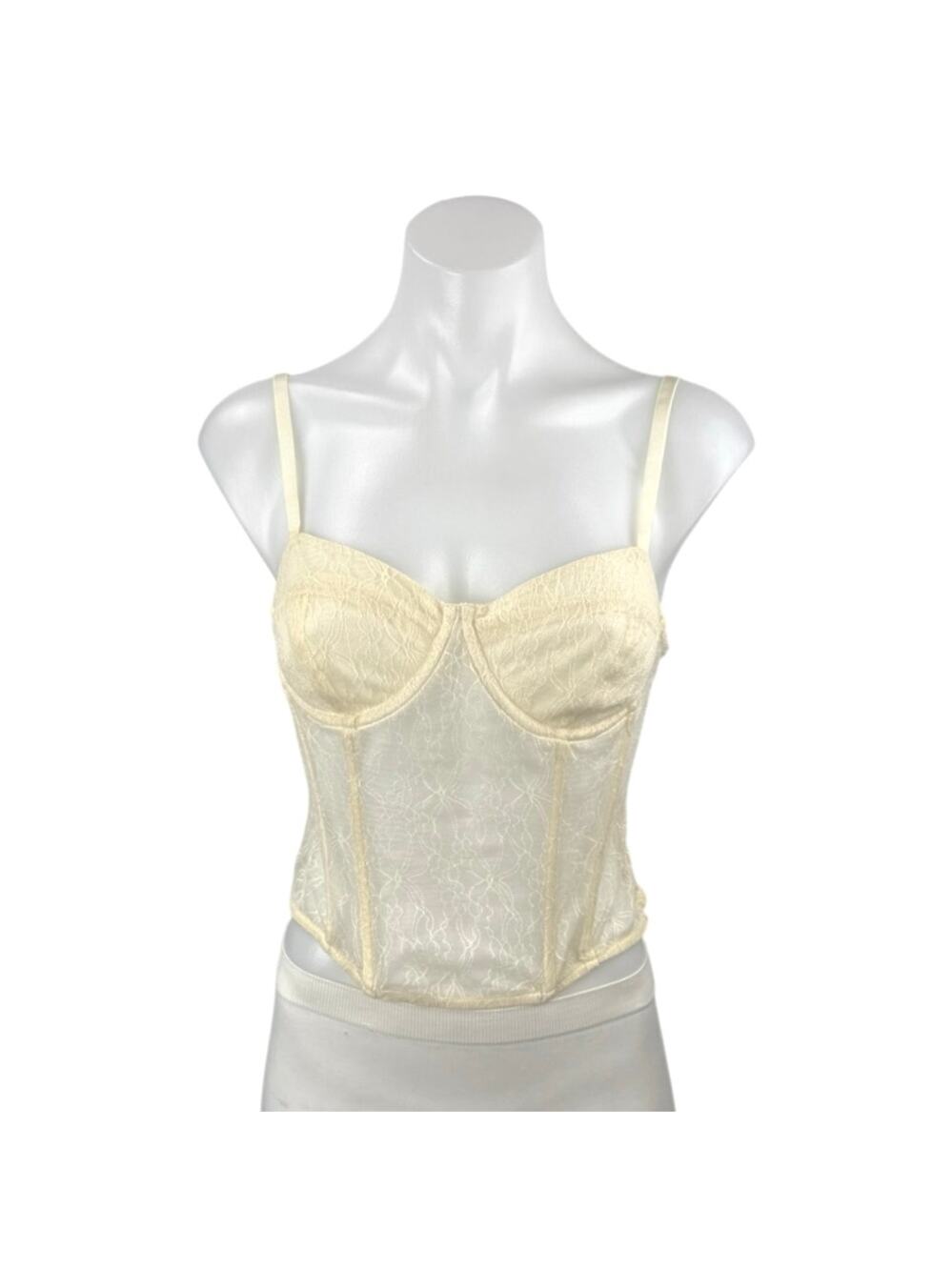 Open Edit Cream Lace Semi Sheer Sleeveless Bustier Corset Cami Tank Top Size S